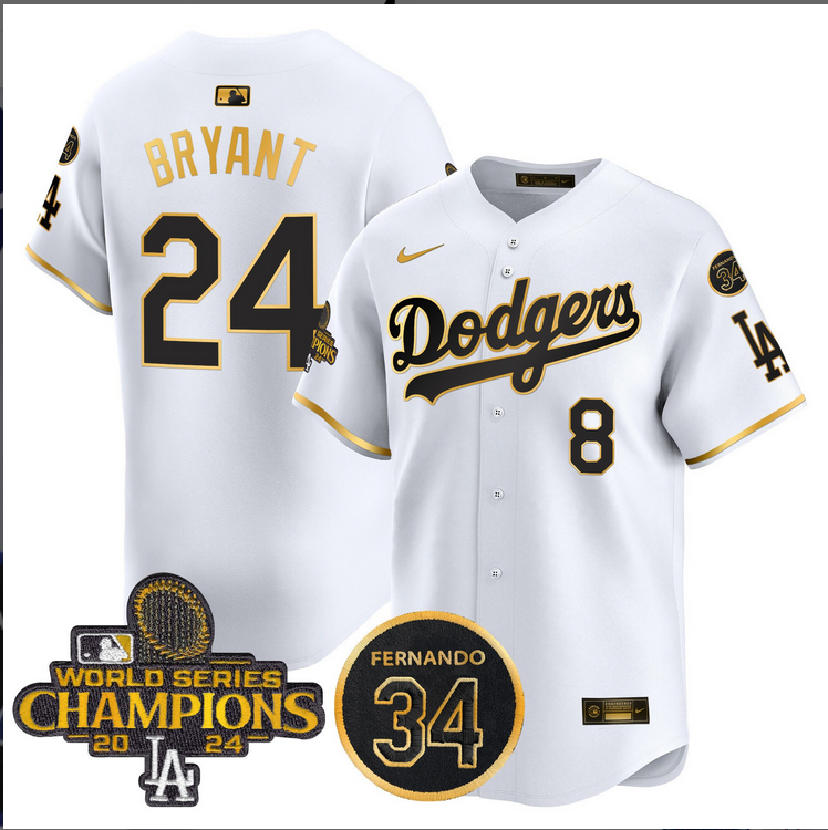 Men MLB Los Angeles Dodgers #24 Bryant white 2024 World Series Champions Patch Limited Jersey style 3